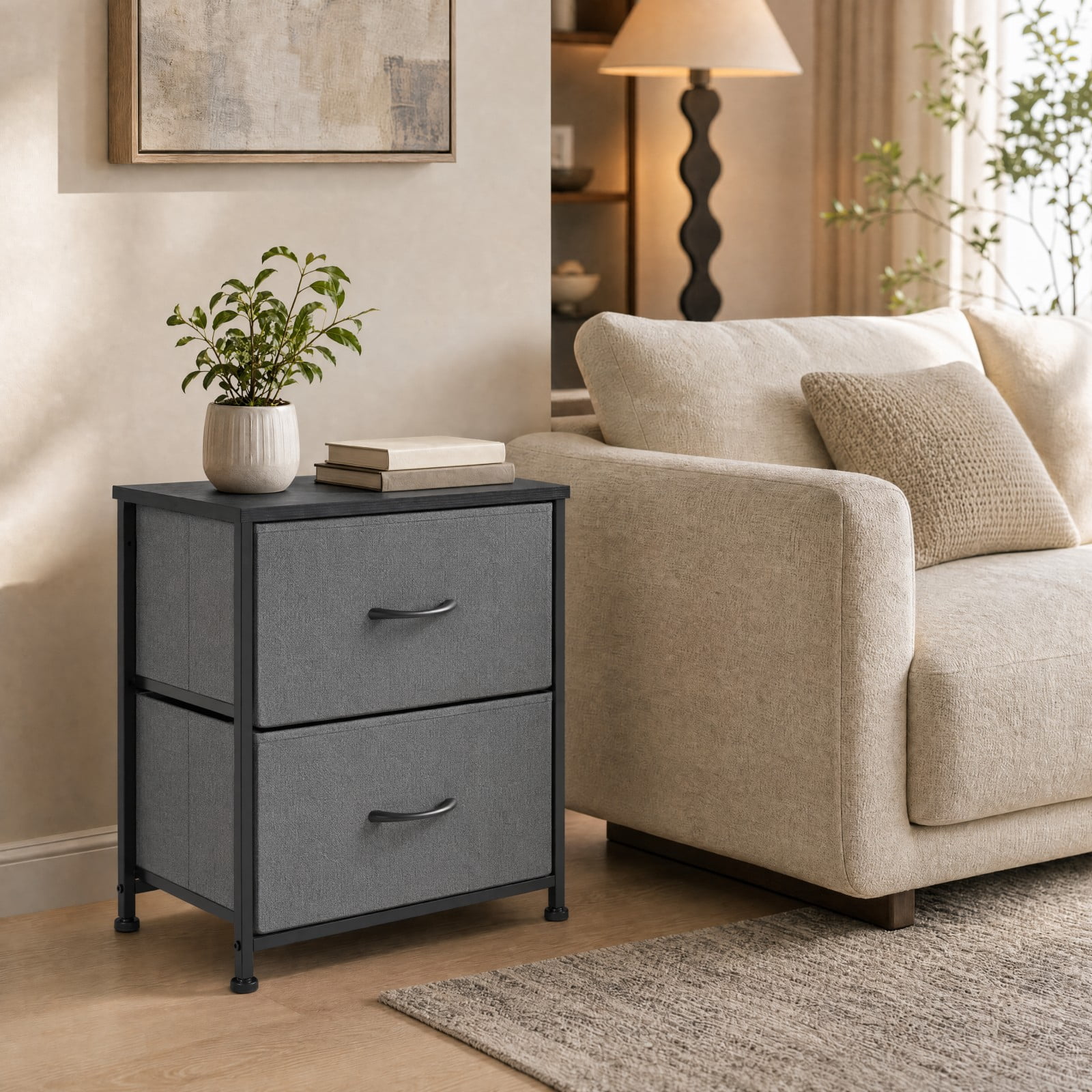 Telyra Fabric Nightstand with 2 Drawers 20" Bedside Table with Wood Top and Steel Frame Small Storage Organizer, Gray