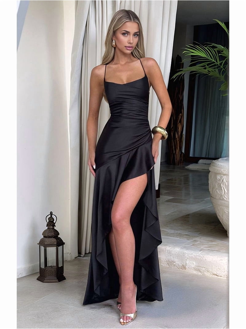 Women'S V-Neck Sleeveless Satin Ruffle Hem Tight Long Casual Open Back High Slit Cocktail Dress Black S - Walmart.com Women'S V-Neck Sleeveless Satin Ruffle Hem Tight Long Casual Open Back High Slit Cocktail Dress Black S - Walmart.com