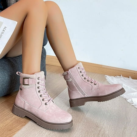 

Zedker Womens Tall Boots Women Platform Boots Autumn and Winter Round Toe Lace-Up Low-Heeled Women s Boots British Style Side Zipper Flat Ankle Boots