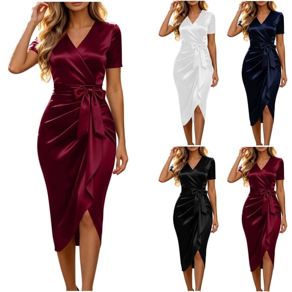 YuXingFu Summer Dresses for Women 2026 Mid-Length V-Neck Plus Size Womens Dress Short Sleeve A Line Casual Summer White S