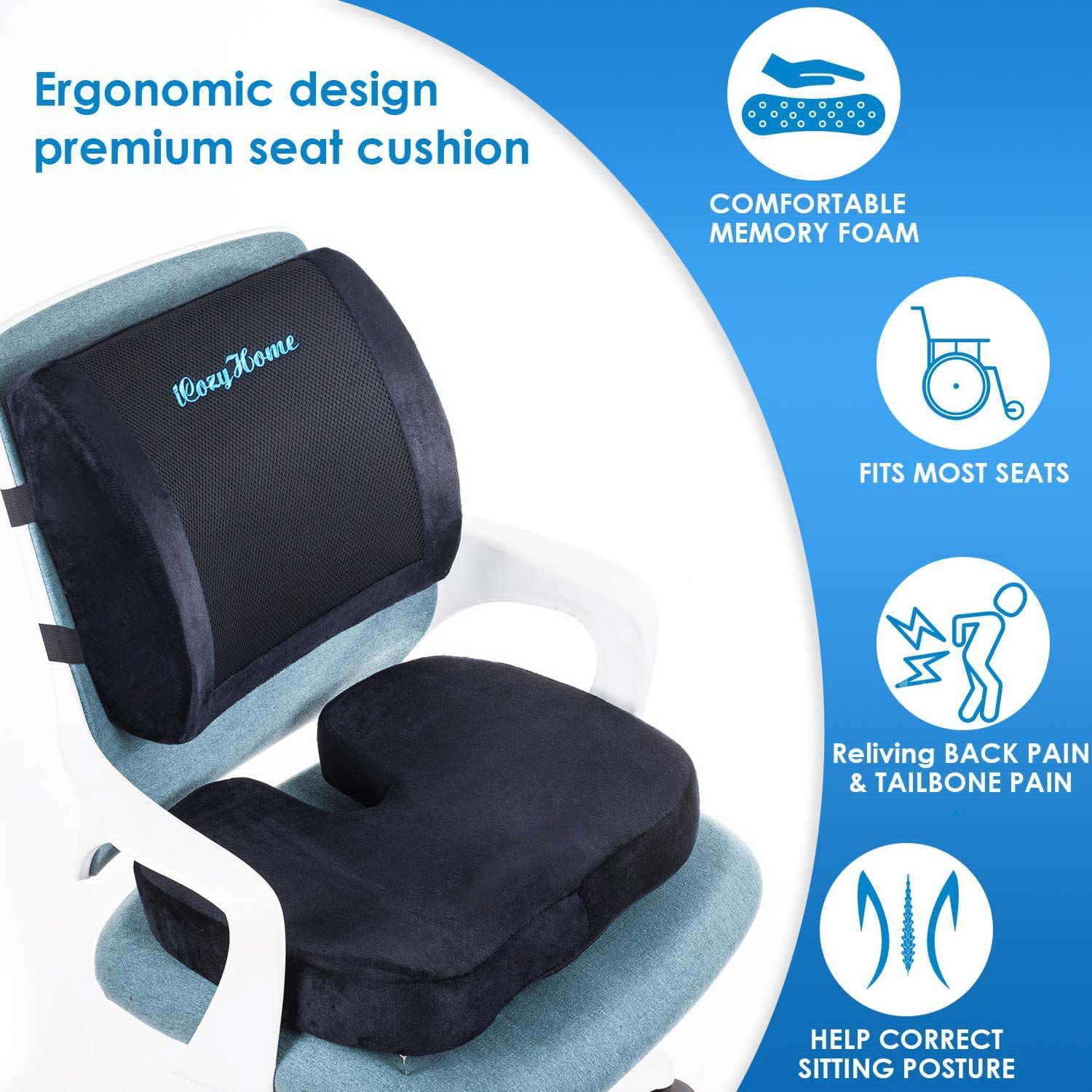 CushZone Office Car Seat Cushion, Non-Slip Sciatica & Back Coccyx Tailbone  Pain Relief Chair Pad, Memory Foam Butt Pillow for Computer Desk