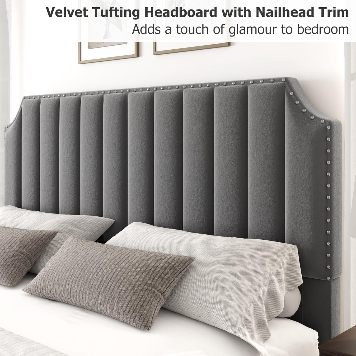 Garvee Queen Size Platform Bed Frame, Velvet Upholstered with 50.2" Channel Tufted Headboard, Nailhead Trim, Sturdy Wood Slats, No Box Spring Needed, Grey