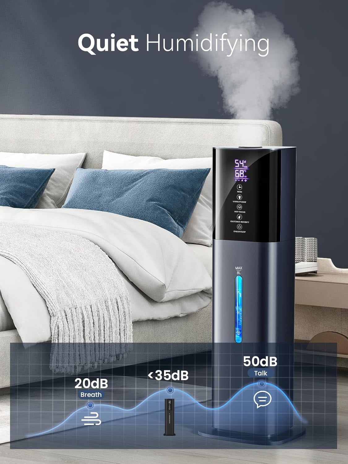 Humidifiers for Bedroom, 2.11Gal 8L Quiet Humidifiers for Large Room with Timer, 360°Nozzle, 3 Speed Ultrasonic Cool Mist Humidifier with Humidistat for Baby Home Adults Plants