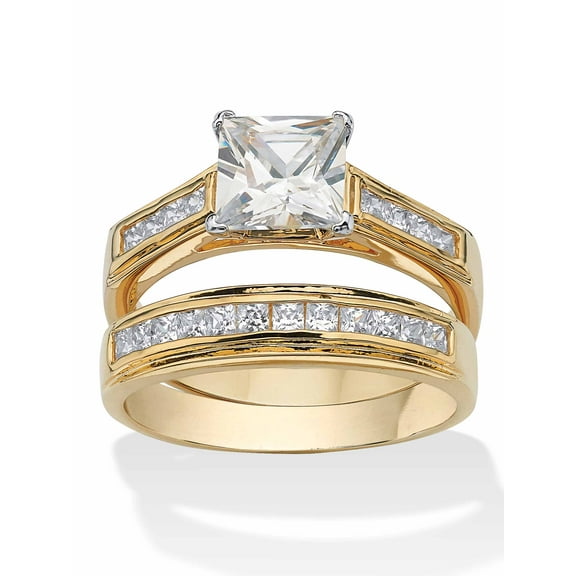 PalmBeach Jewelry 2.92 TCW Princess-Cut Cubic Zirconia Yellow Gold-Plated Bridal Engagement Ring Wedding Band Set