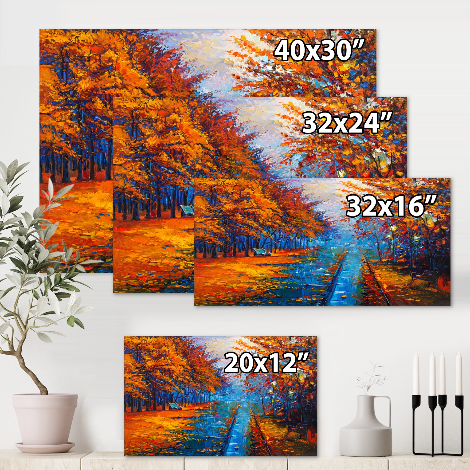 Orange Autumn Landscape With Little Road II 8 in x 12 in Painting Canvas Art Print, by Designart