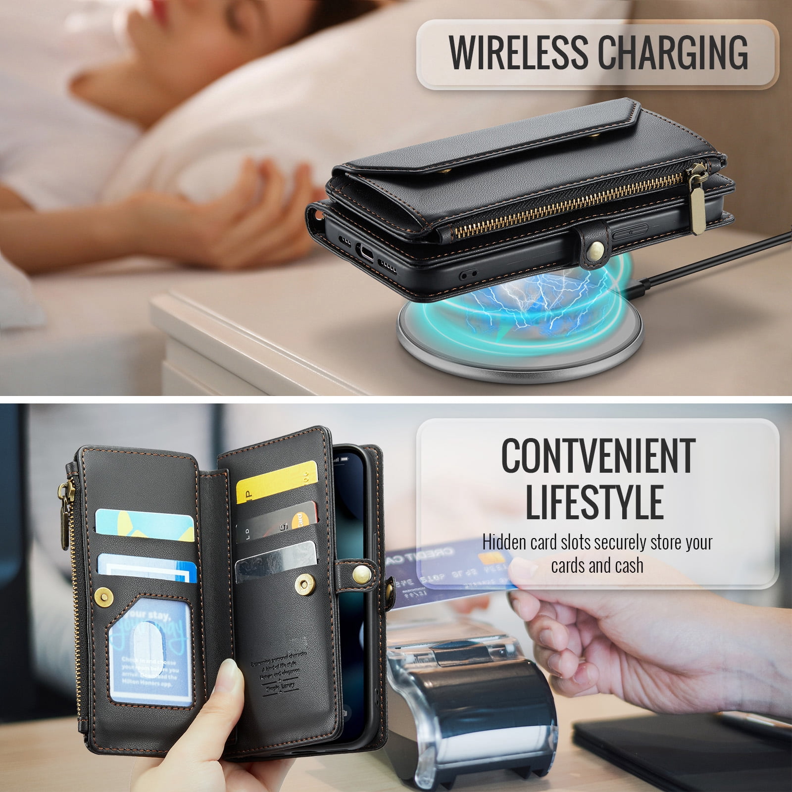 Asuwish Compatible with iPhone 15 Pro 6.1 inch Zipper Wallet Phone Case Tempered Glass Screen Protector Crossbody Lanyard Strap Flip Card Holder Slot Cell Cover for i Phone15 i15 15Pro Women Black