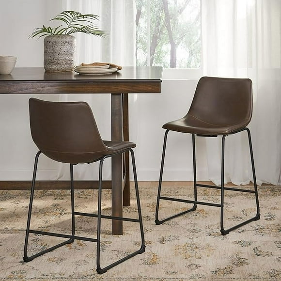 Bar Stools Set of 2 Counter Height, Barstools with Footrest and L Shape Back, Modern Bar Chairs, Vintage Leather Brown Counter Stool