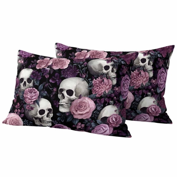 Halloween Skull Outdoor Waterproof Pillow Covers, Vintage Pink Rose Purple Flower Decorative Rectangle Throw Pillowcase Sofa Cushion Sham for Patio/Couch/Chair, 20"x12" 2 Pack