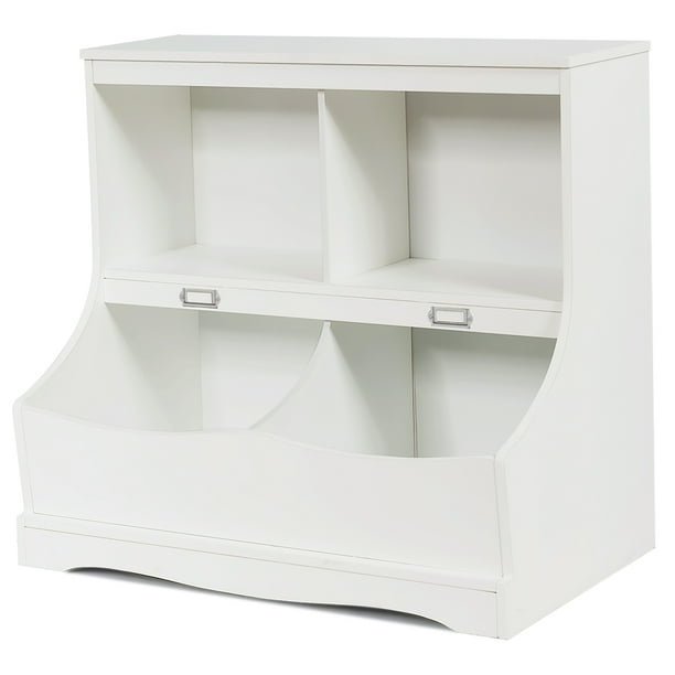 Costway Organizador juguetes con 2 compartimientos abiertos y 2 cajas, librería multiuso con estribo, para habitación de niños y niñas, blanco y gris