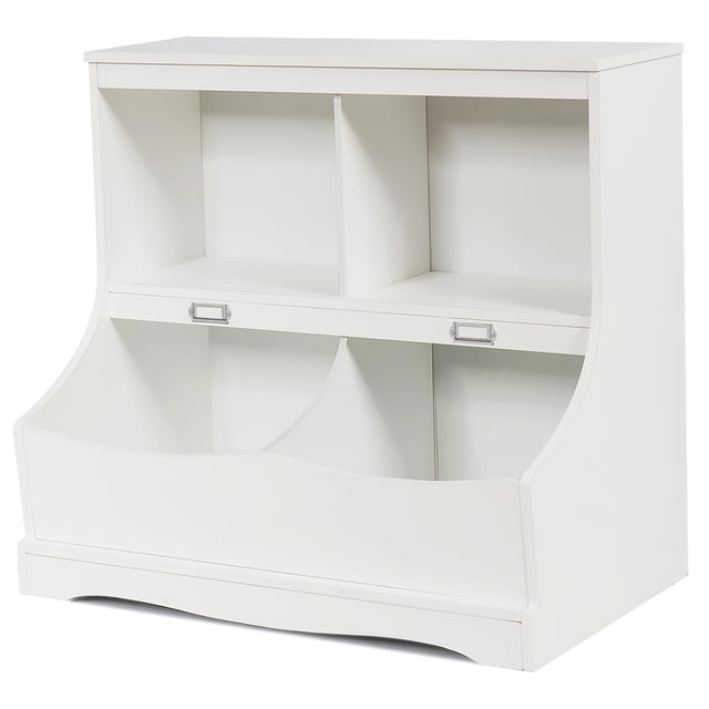 Costway Organizador juguetes con 2 compartimientos abiertos y 2 cajas, librería multiuso con estribo, para habitación de niños y niñas, blanco y gris