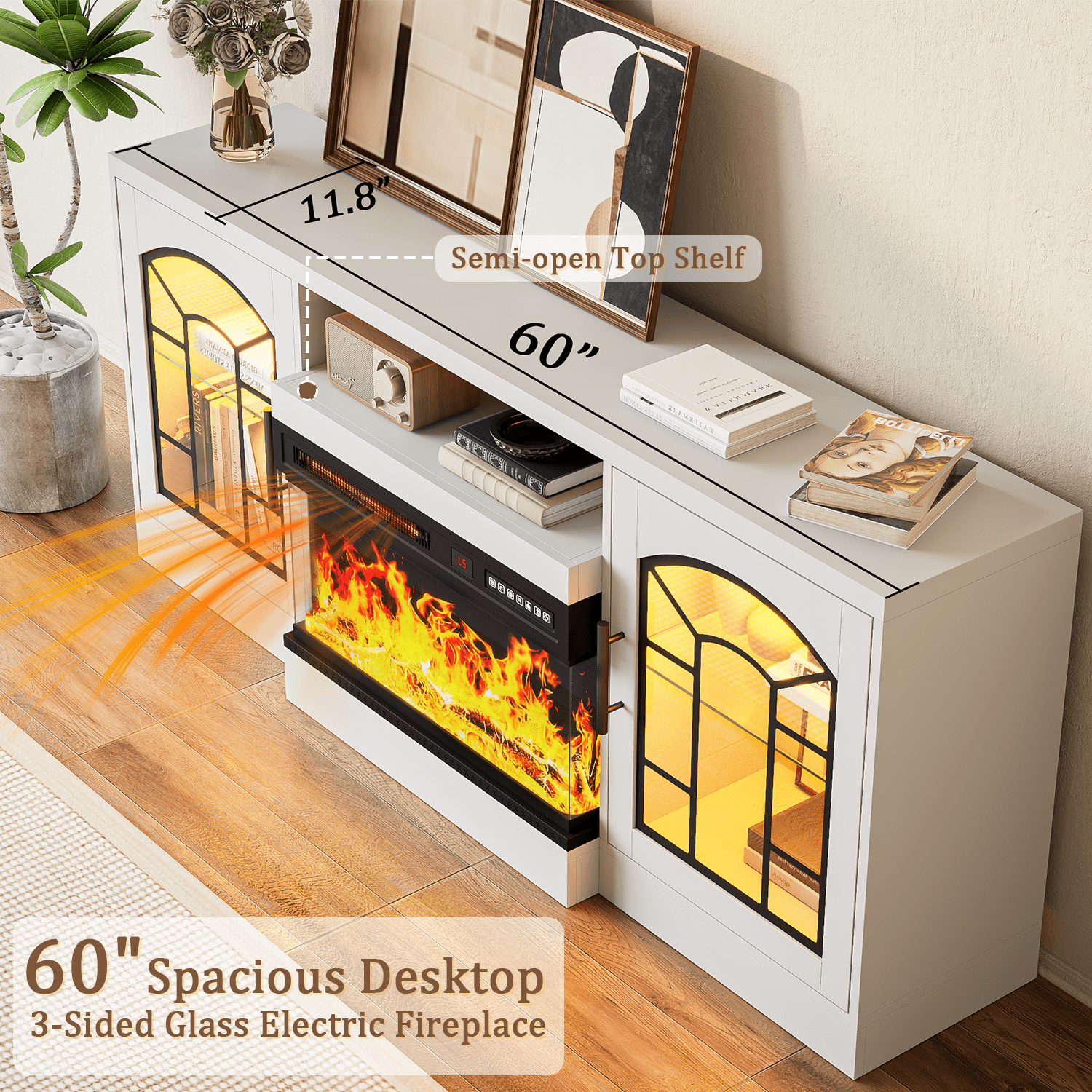 Waleaf 60" TV Stand with 3-Sided Glass Electric Fireplace, Modern Media Entertainment Center for TVs up to 65", Slim Wood Console with 21-Mode LED Lights & Adjustable Shelves