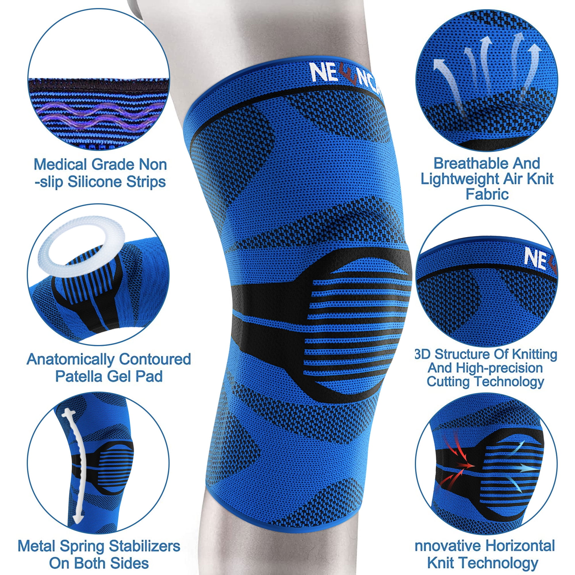 Neenca 2 Pcs Knee Brace for Men Women, Compression Knee Sleeve with Patella Gel Pad & Side Stabilizers, Knee Support Bandage for Pain Relief
