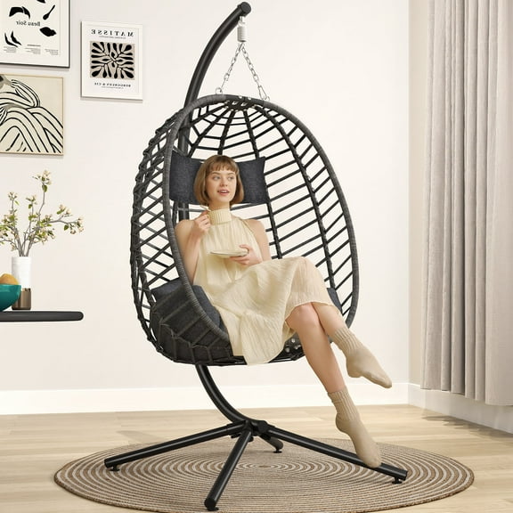 Micleed Hanging Egg Chair with Stand, Outdoor Indoor Wicker Swing Chair with Cushions, 350lbs Capacity Patio Hammock Chair for Backyard, Balcony, Gray