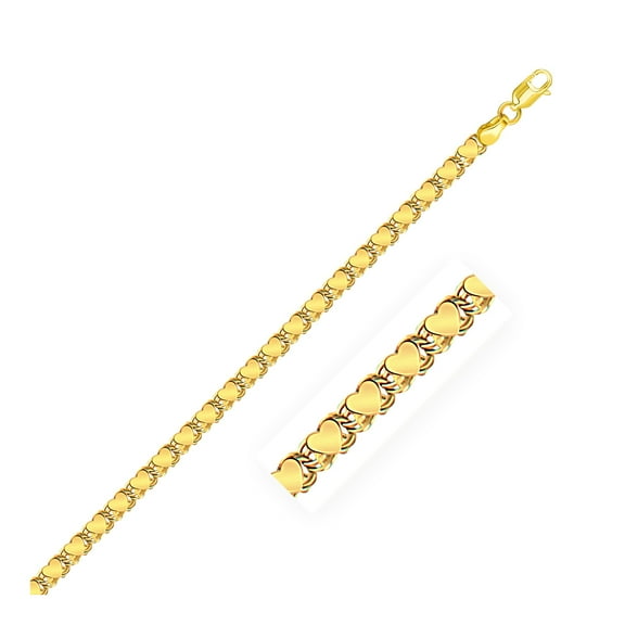 3.3mm 14k Yellow Gold Heart Anklet 10 in