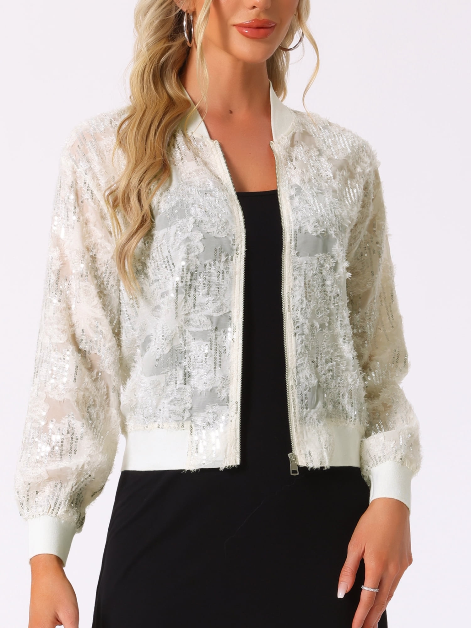 DARING DIVA Sequin Zipper Sparkly Party Bomber Jacket M Light Apricot