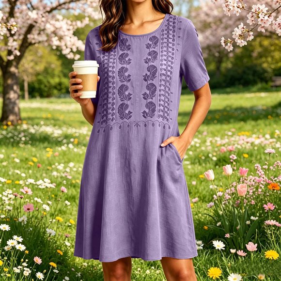 XiYing Dress Shirts for Men, Women Embroidered Short Sleeve Mini Dress Round Neck Casual Dress with Pockets for Summer Vacation