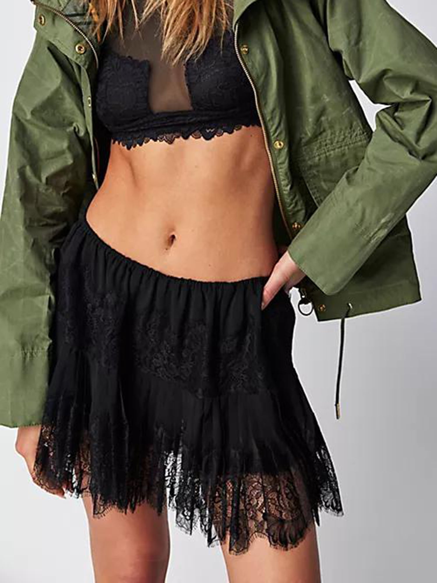Hirigin Women Y2k Lace Mini Skirt Low Rise Pleated Ruffle