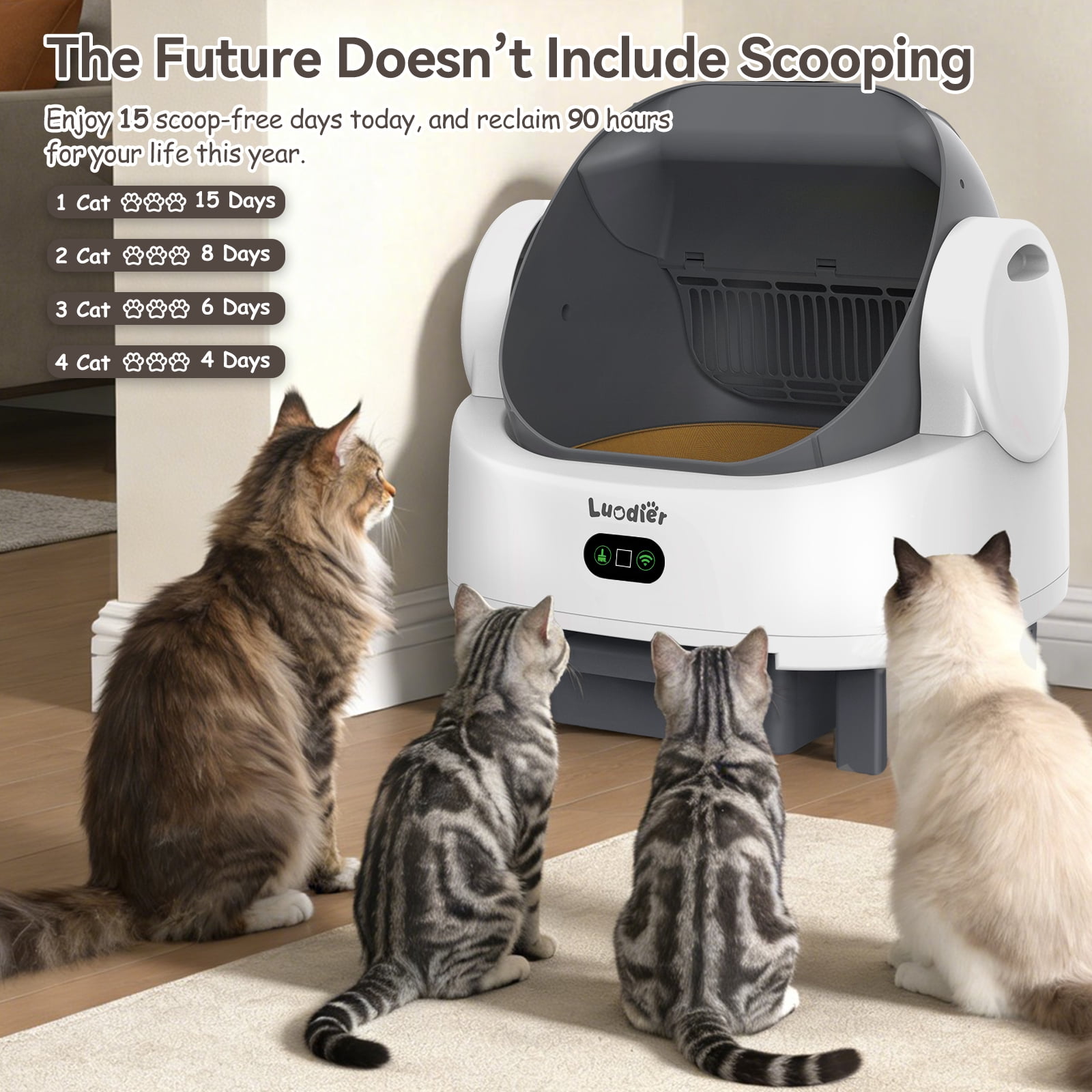LUODIER Self-Cleaning Litter Box for Multiple Cats, Automatic Open-Top Smart Cat Litter Box with App Control & Odor Control, 12 Safety Sensors, Includes Waste Bags & Waterproof Mat, White