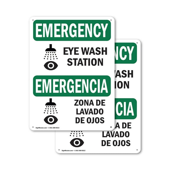 (2 Pack) Eye Wash Station Bilingual OSHA Emergency Sign 18 Inch X 24 Inch Plastic Sign, Weather Resistant, UV Protected for Workplace, Business, and Construction Site, Made in the USA