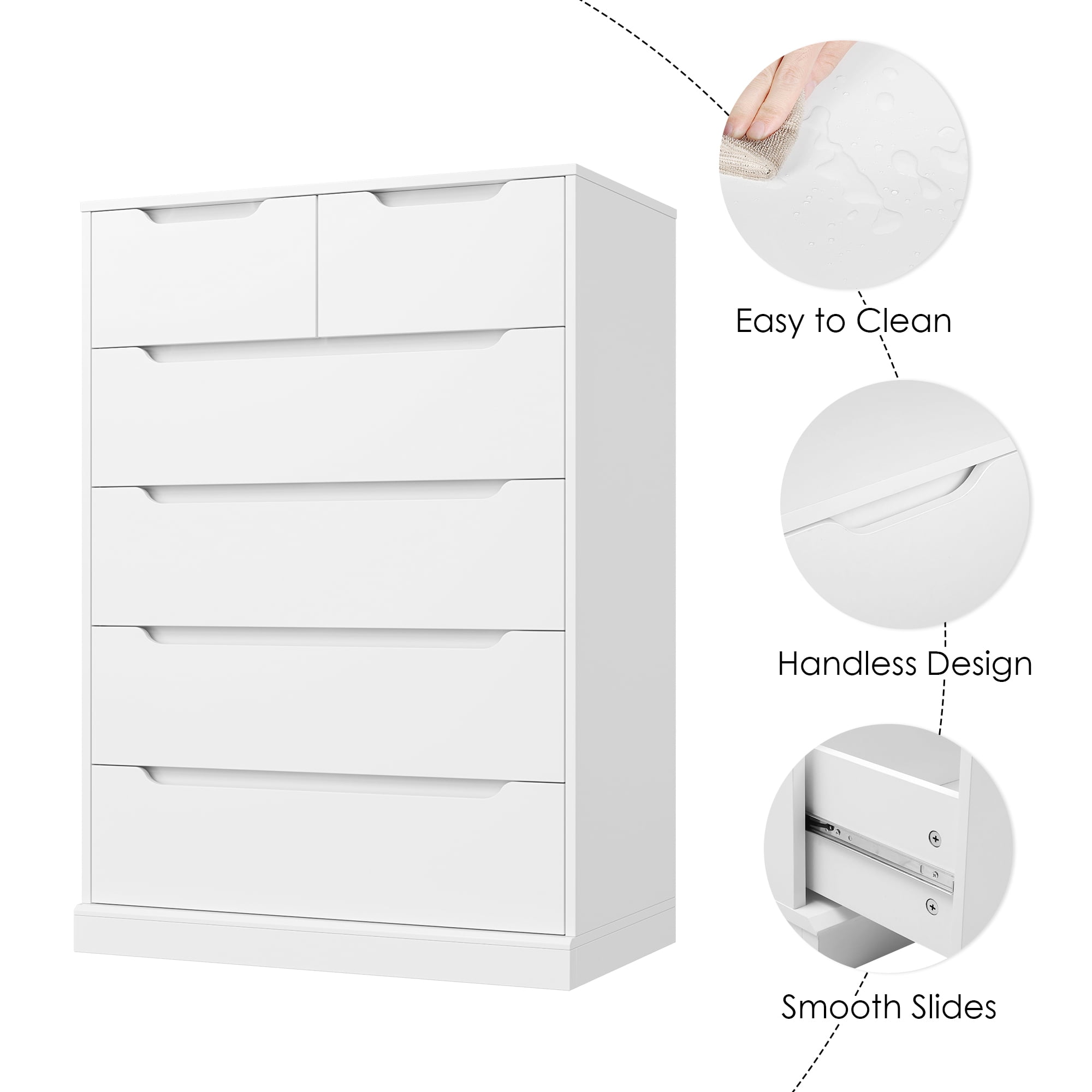 Homfa 6 Drawer White Dresser, 43.3" H Wood Storage Cabinet with Upgraded Stable Base Vertical Chest for Bedroom Living Room