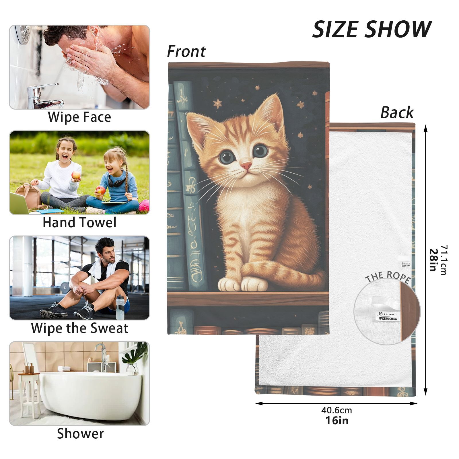 Cute Cat and Books Hand Towels Cotton Bath Towels Large Face Towels Absorbent for Bathroom 2 Packs