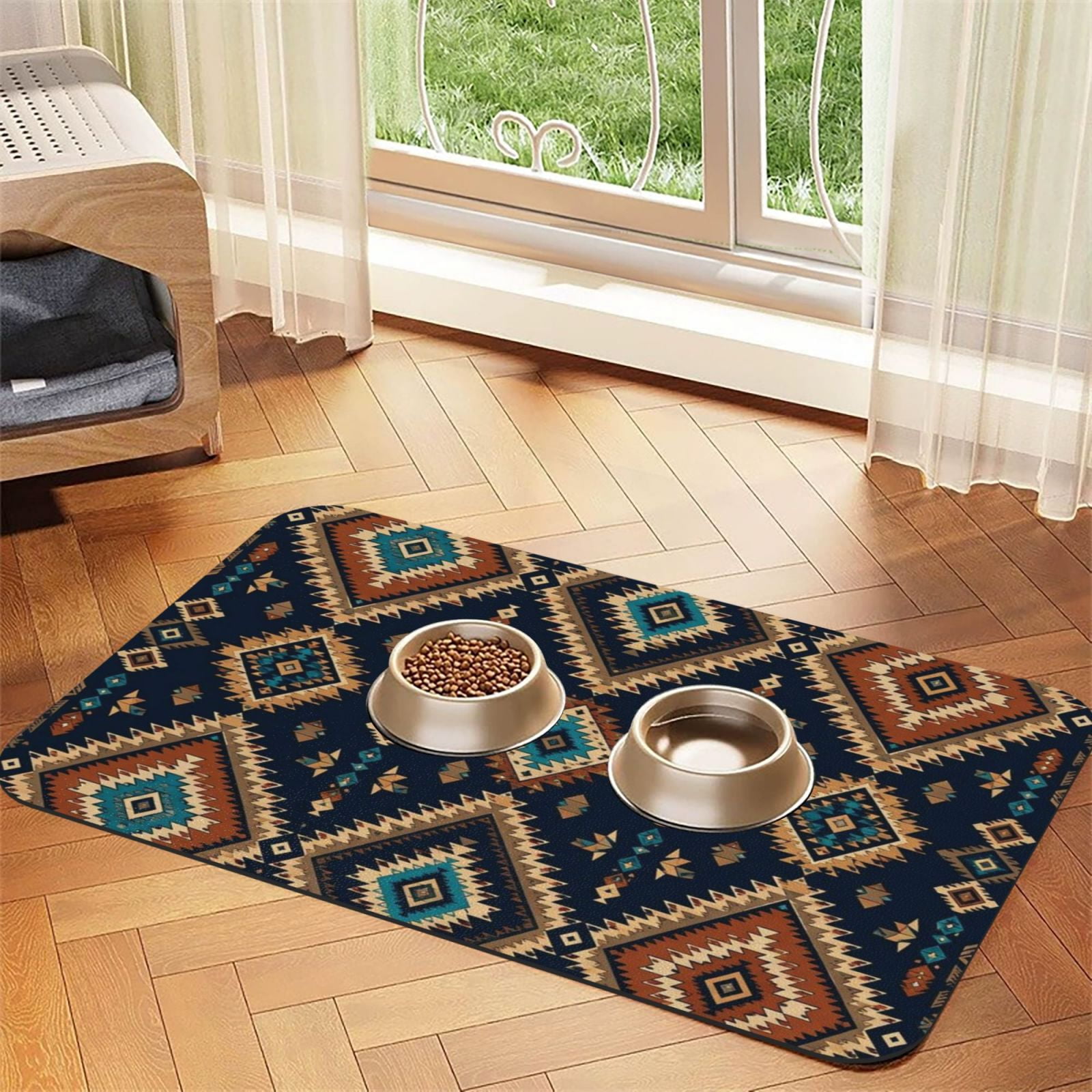 Southwestern Navy Motif Tribal Poster Absorbent PU Leather Pet Feeding Placemat Non-Slip Dog Cat Bowl Mat for Food Water 30x45cm