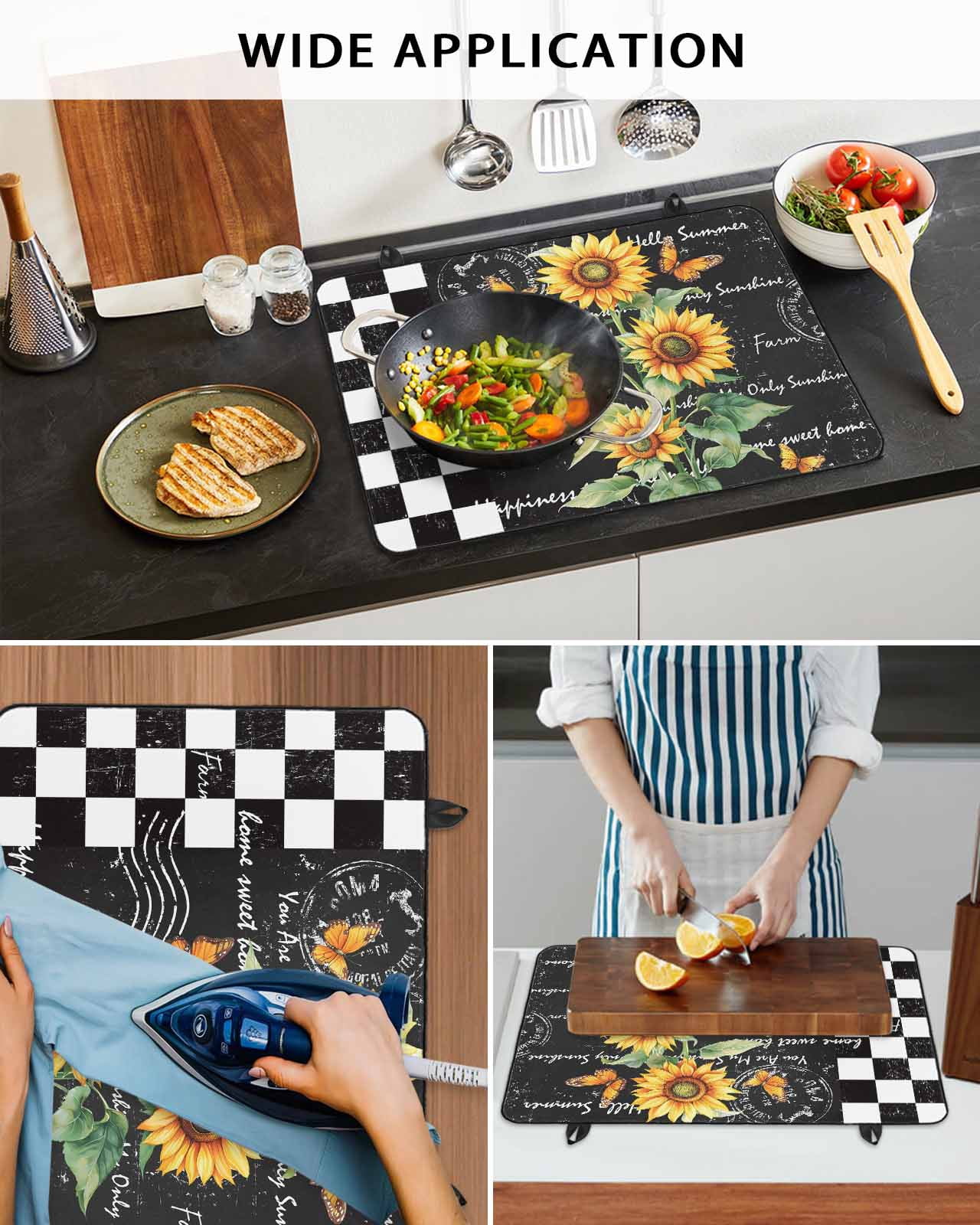 nqOlkjepod Large Induction Cooktop Protector Mat 24"x21", Sunflower Stove Top Covers for Electric Stove, Summer Botanical Bee Black Plaid Decorative Stove Burner Cover Mats, Glass Top Stove Cover