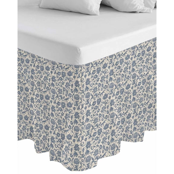 Light Blue Floral Wrap Around Bed Skirts for King Bed 18" Drop,Bed Skirt with Adjustable Elastic Belt Dust Ruffle Bed Valance for Bedroom Hotel Rustic Vintage Flowers Botanical Spring Bed Frame Cover