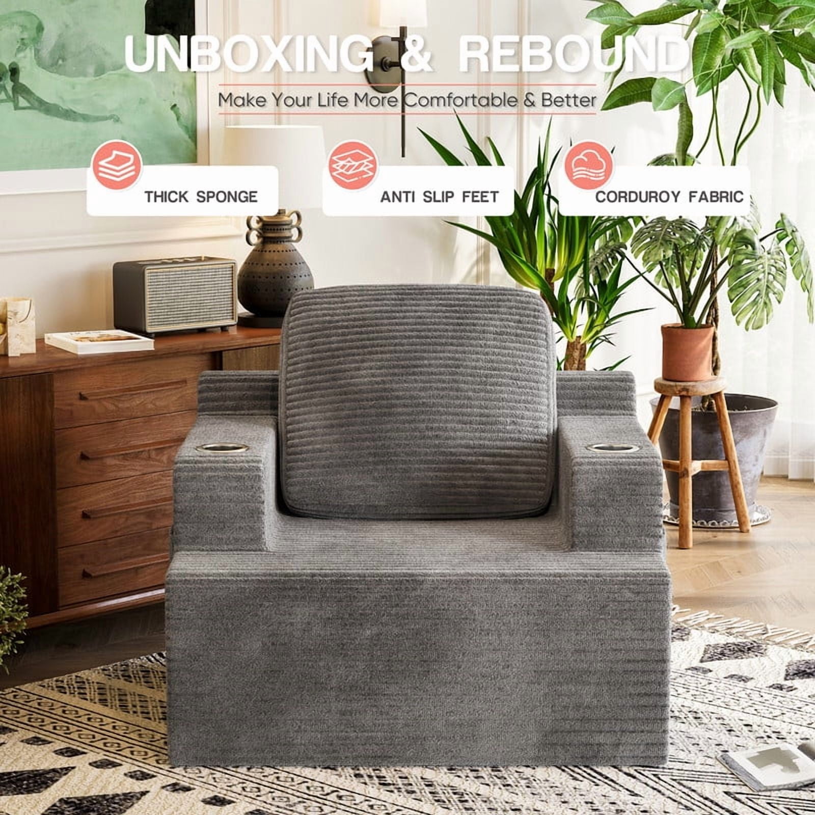 Homall Adult Deep Seat Chaise Lounge Sofa Chair Oversized Corduroy Cloud Boneless Single Sofa with Cup Holders ,Gray