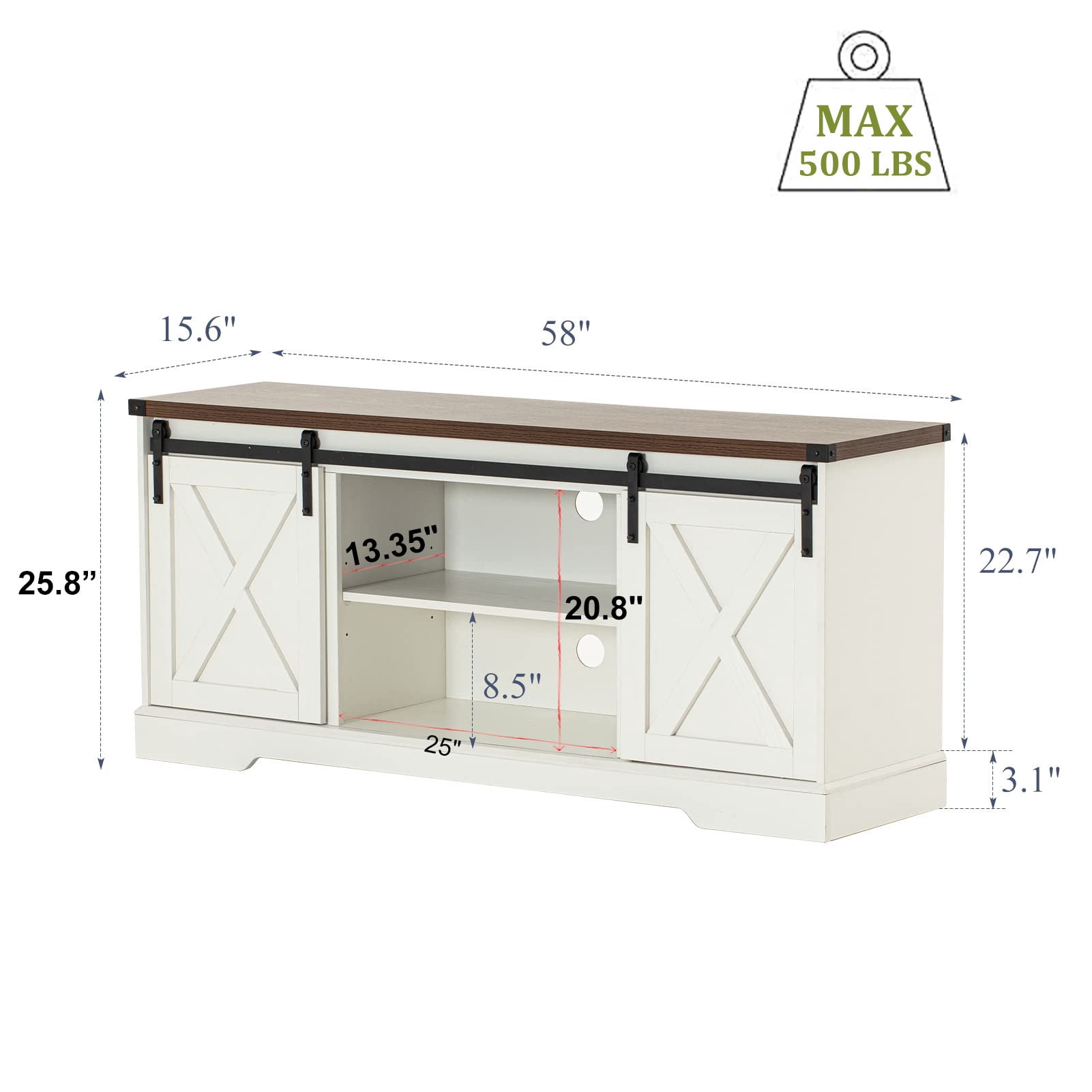 Chvans Farmhouse Barn Door TV Stand for up to 65" TVs /23" Electric Fireplace, Entertainment Center Console Table with Adjustable Shevles(58")