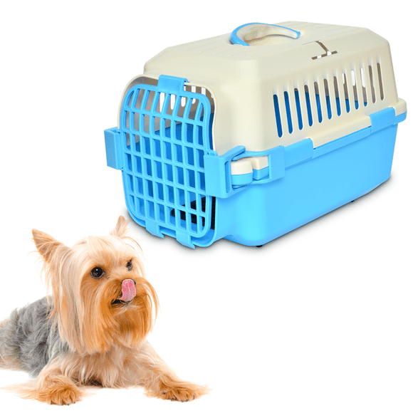 KE WOOW PET Kennel, TRANSPORTADORA para GATO de plastico, Perros Toy /Chico, Puerta Frontal, Caja Transportadora para perro y mascotas, Perrera de Viaje, Jaula para Gato de Viaje Conejo, Cuyo . Azul Kewoow Transportadora chica