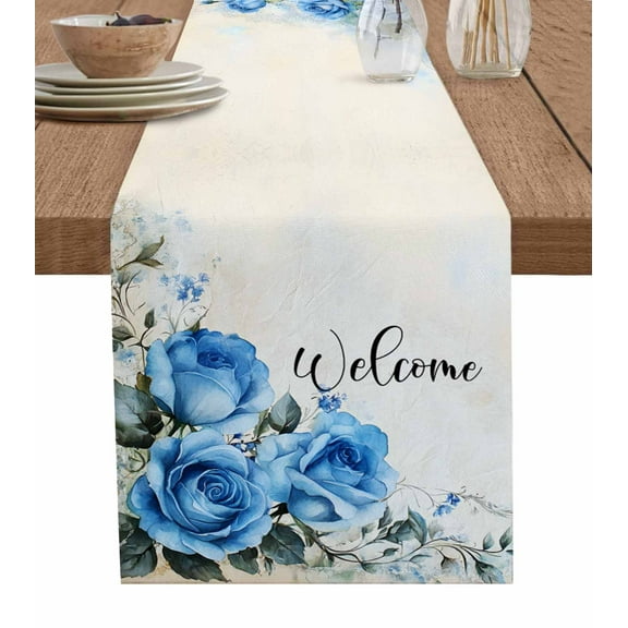 Spring Blue Rose Table Runner Cotton Linen 36 Inch Holiday Dresser Scarves, Green Leaves Vintage Country Rustic Tablerunner for Kitchen Coffee Dining Bedroom Living Room Dinner Scarf Décor 13''x36''
