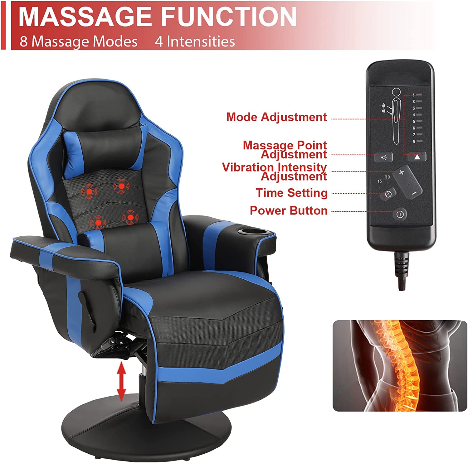 Massage Gaming Chair Reclining Video Game Chair Ergonomic Office Chair Height Adjustable Gamer Chair with Headrest and Lumbar Support PU Leather High Back Swivel Computer Chair