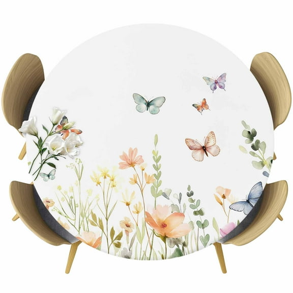 Spring Floral Fitted Tablecloth with Elastic Edged, Round Table Cloth for Dining Table, Butterfly Summer Botanical Watercolor Waterproof Oil Proof Table Cover for Indoor Outdoor 36"-44"