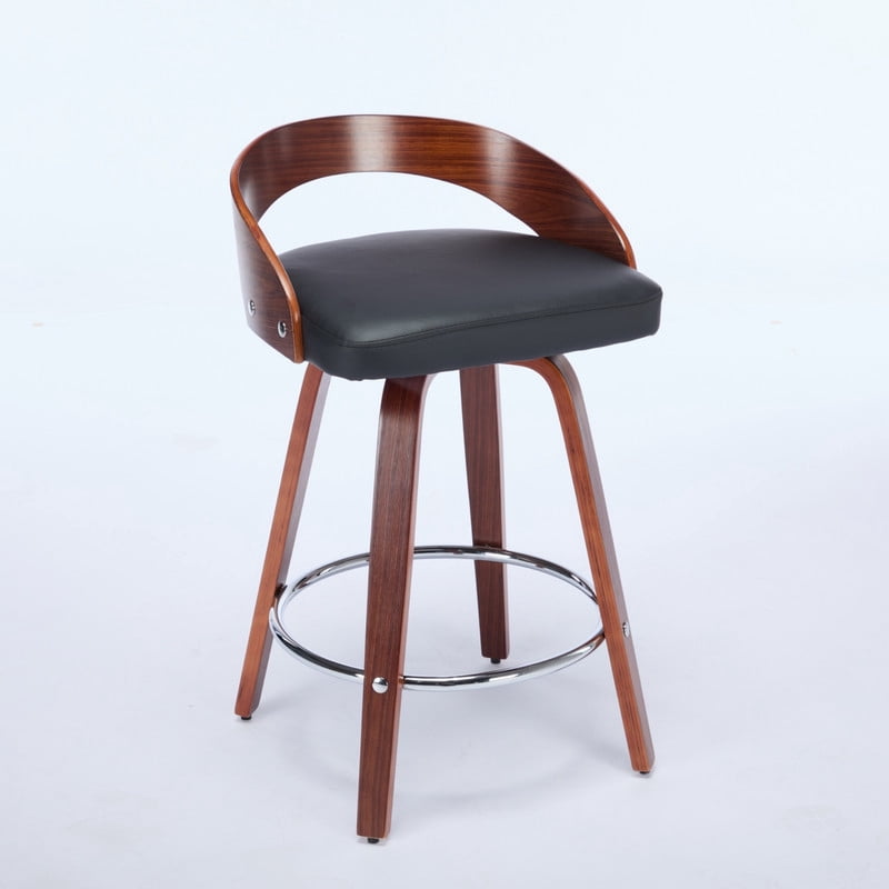 2-Piece Swivel PU Leather Upholstered Seat Bar Stools w/ Footrest, 25in Bar Height Accent Pub Chairs w/ Curved Backrest