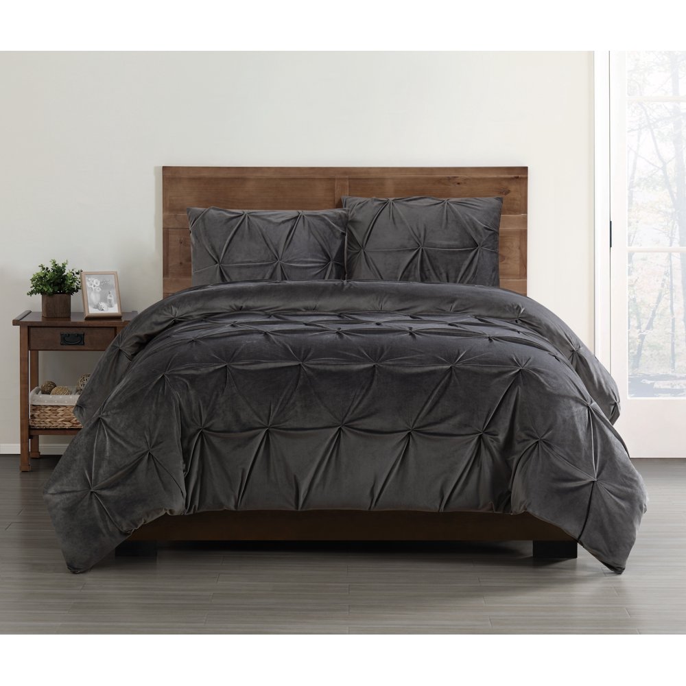 Truly Soft Everyday Pleated Velvet Comforter Sets Grey Full / Queen