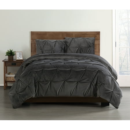 Truly Soft Everyday Pleated Velvet Duvet Sets Grey King Duvet Set