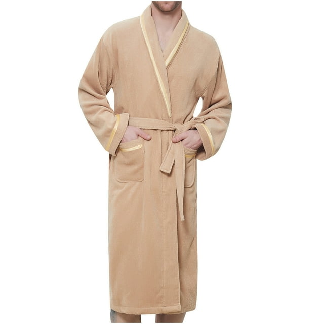 Penkiiy Robe en Molleton Peignoir Homme Uni Décontracté Garder au Chaud Poche Robe de Nuit Peignoir L Café