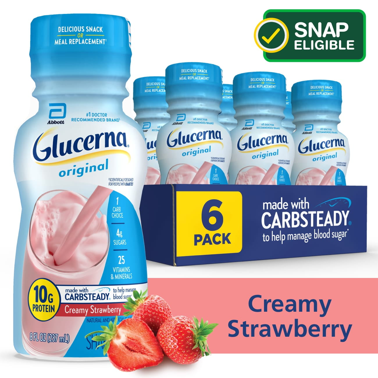 Glucerna Nutritional Shake, Creamy Strawberry, 8-fl-oz Bottle, 6 Count