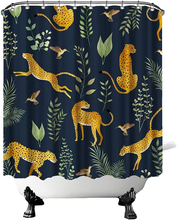 SPXUBZ Wild Animal Shower Curtain Leopard Jaguar Hummingbird with Green