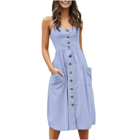 

Dresses for Women 2022 Prom Dress Women Leisure Pure Leisure Button Dress Sleeveless Baggy Party Long Dress Savings Clearance Summer Dresses for Women 2022 Mother of The Bride Dresses Blue 3XL