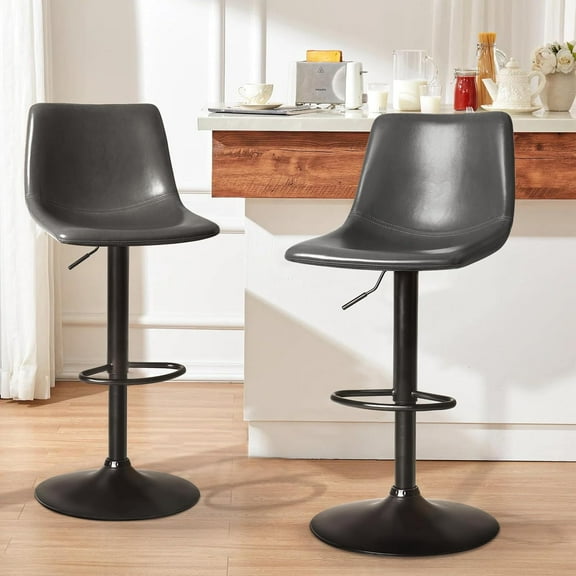 LEMBERI Bar Stools Set of 2, Modern Swivel Barstools Counter Height with Backrest, Faux Leather Upholstered Bar Chairs for Kitchen Island, Grey