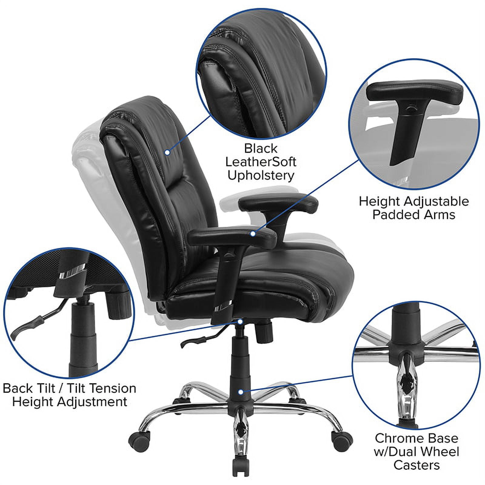 Emma + Oliver 400 lb. Big & Tall Black LeatherSoft Task Adjustable Arm Ergonomic Office Chair