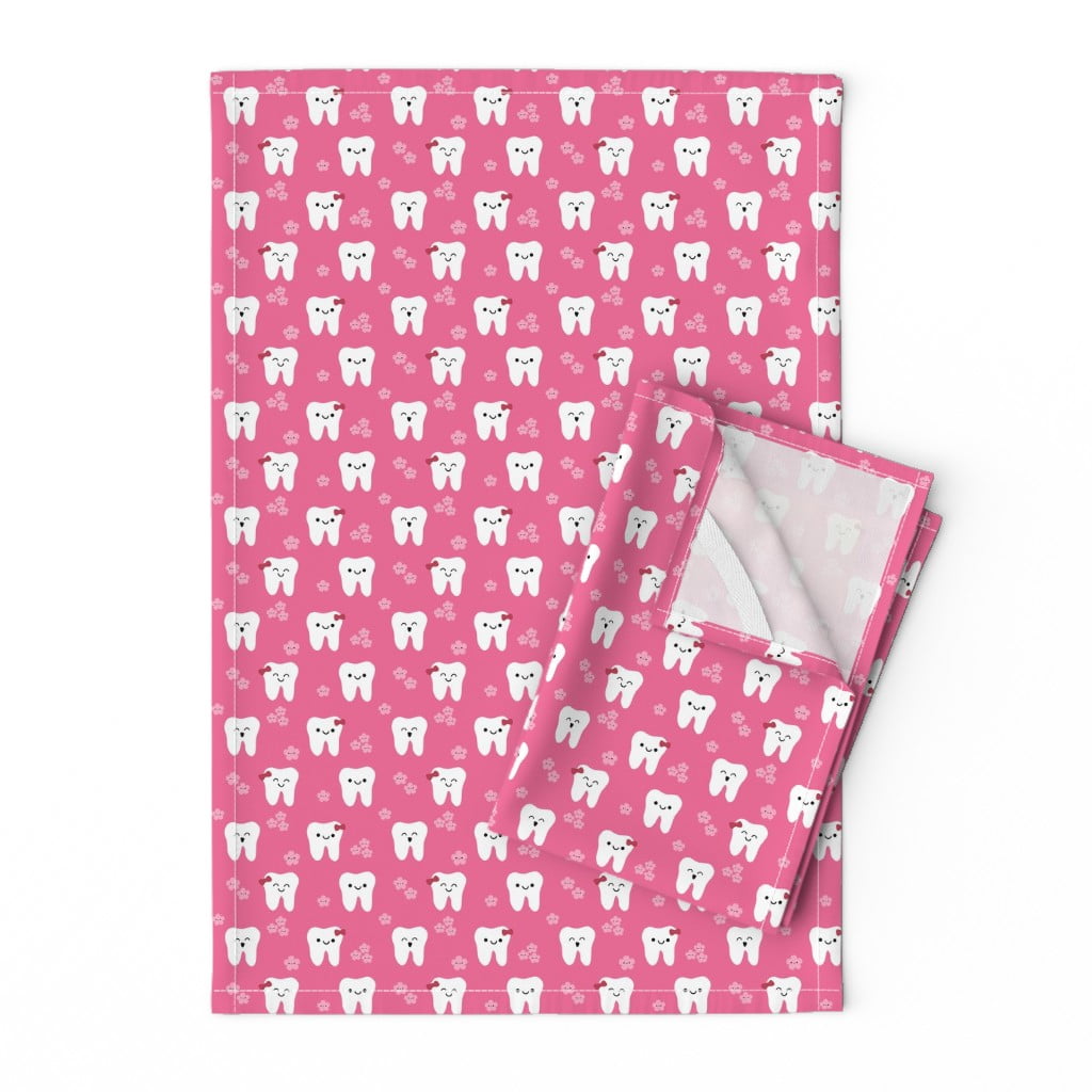Teacup Teatime Pink Dots Floral Linen Cotton Tea Towels by Roostery Set of 2