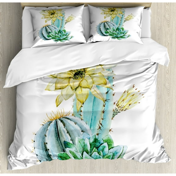 Cactus Duvet Cover Set, Vector Image Watercolored Cacti Spikes and Alluring Flowers Print, Decorative 3 Piece Bedding Set with 2 Pillow Shams, Calking Size, Blue and White, by Ambesonne