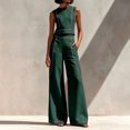 thumbnail image 2 of Szluipve 2 Piece Sets for Women Contrast Stitch 2 Piece Outfits Sleeveless Round Neck Crop Tank Top & High Waist Wide Leg Long Pants Elegant Casual Matching Set with Pockets Green 2XL, 2 of 9
