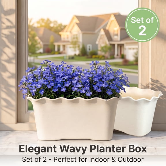 2-Pack Rectangular Planter Box with Wavy Edge & Drainage Holes, for Indoor/Outdoor Balcony Garden, Deck Railing, Flowers & Vegetables (11.9"x5.7"x5.2")