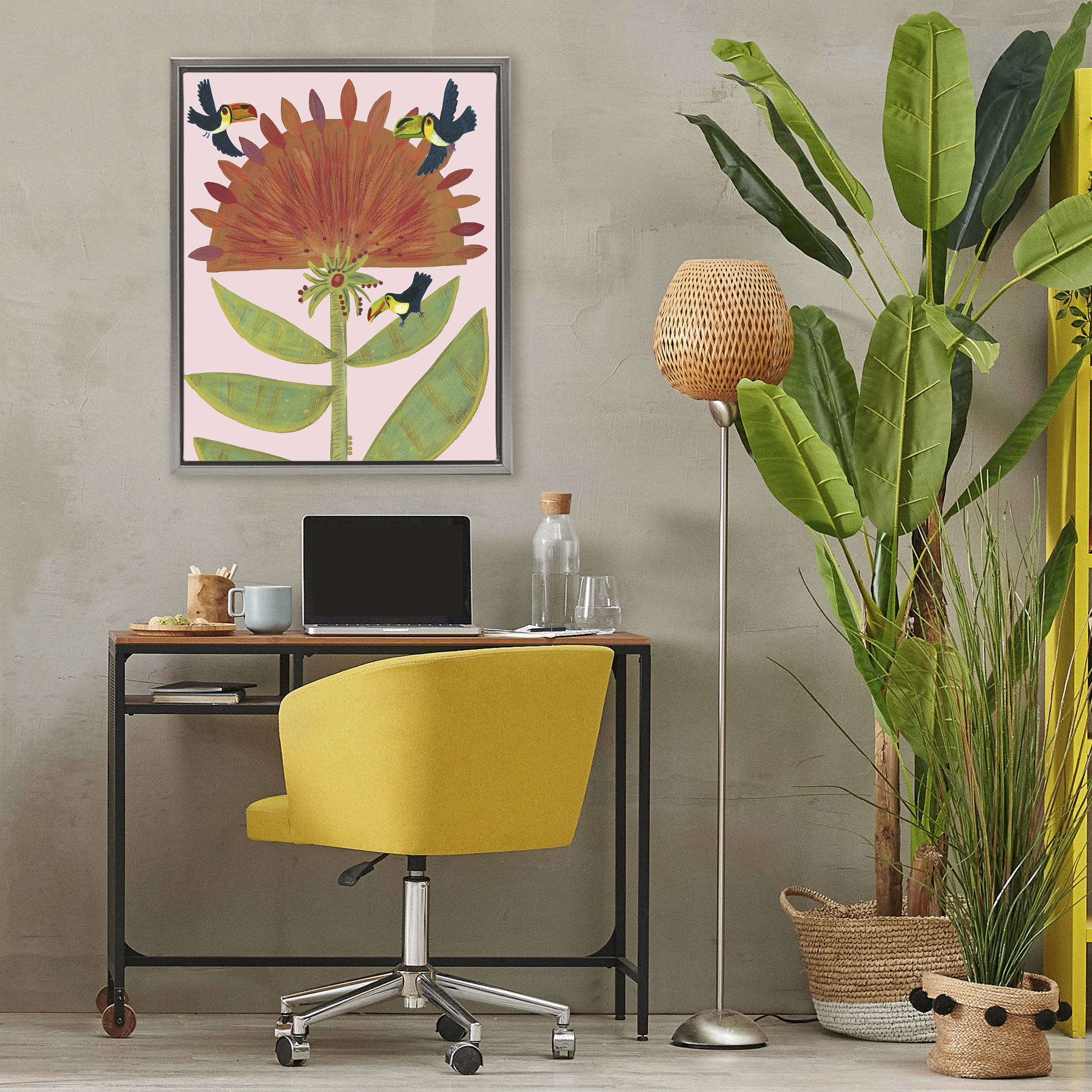 Stupell Industries Tropical Plant & Toucans Gray Framed Floater Canvas Wall Art, design by Kay Widdowson