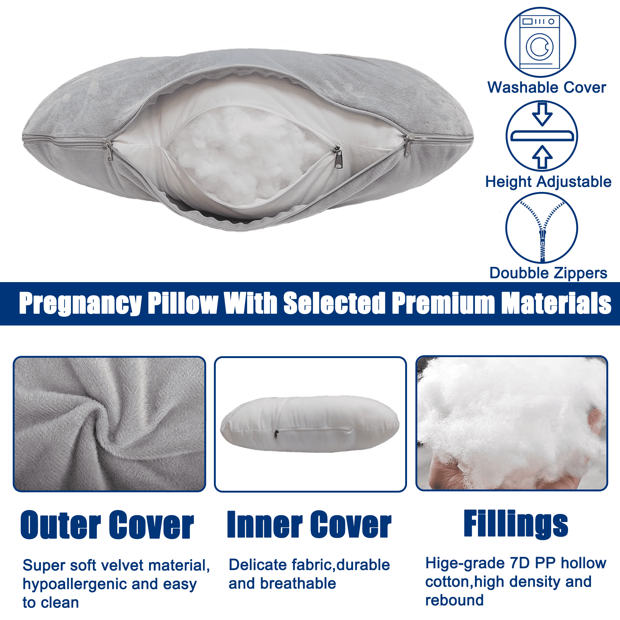 COOKEY Pregnancy Pillow with Removable Velvet Cover,U Shaped Full Body Maternity Pillows for Sleeping,72inch,Dark Gray