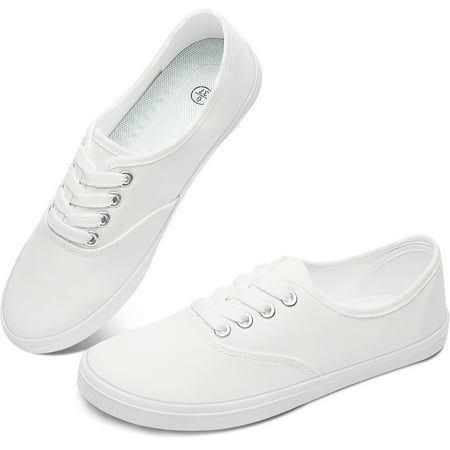 Obtaom Womens Canvas Sneakers Fashion Lace Up Canvas Shoes Low Top Casual Flat Lightweight Tennis Shoes.(White US7)